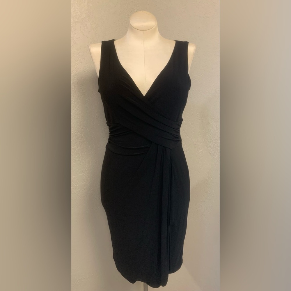 NEW Cato Ladies S Black Sleeveless Faux Wrap Dress Plunging Ruched Stretch LBD